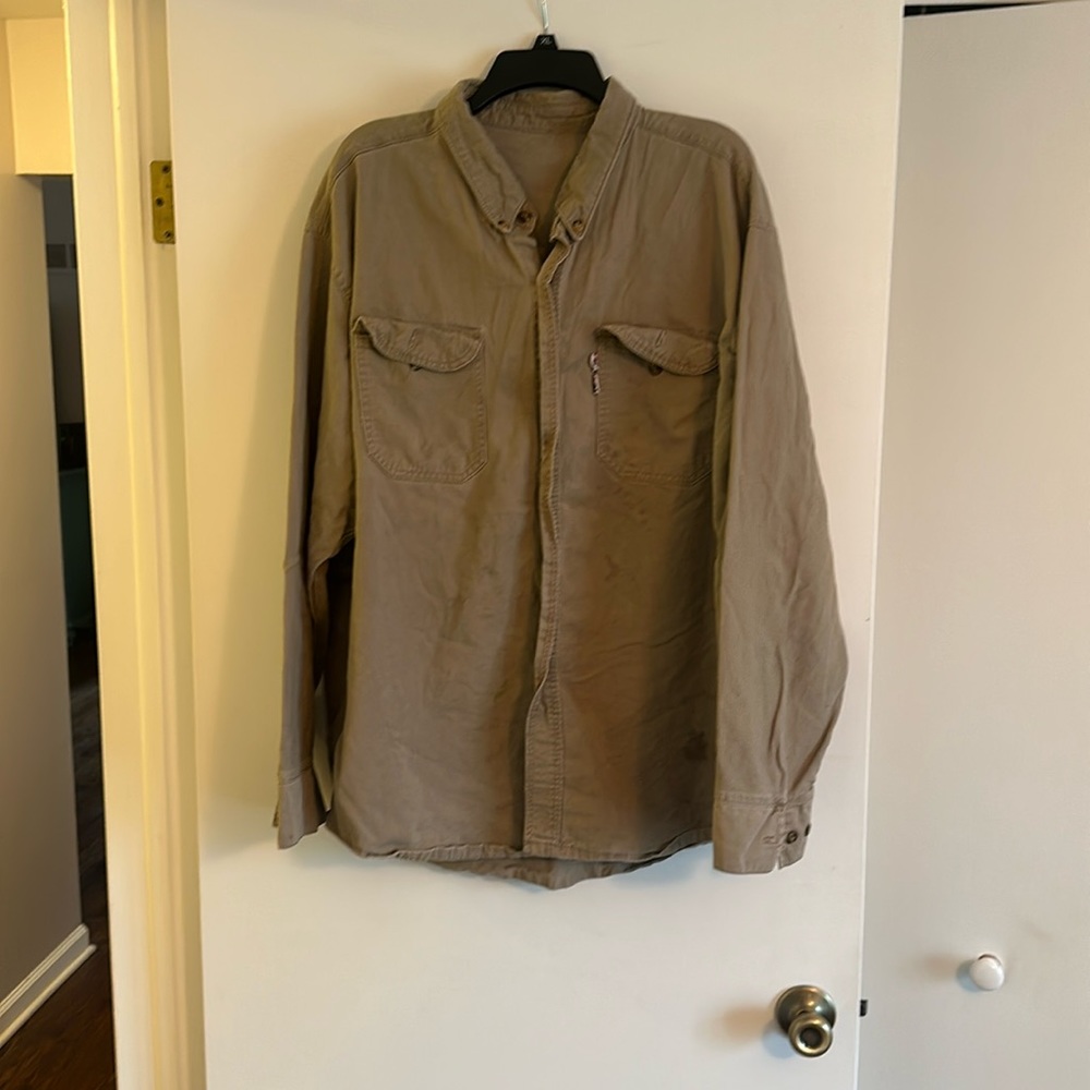 Lot of 2 Men's FR flame resistant shirts. Xxl. Khaki. Welding work shirt.